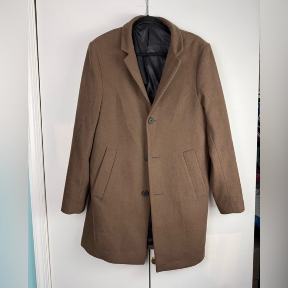 H&M Men Camel Brown Wool Blend‎ Overcoat 38R Long Sleeve Button Front Jacket